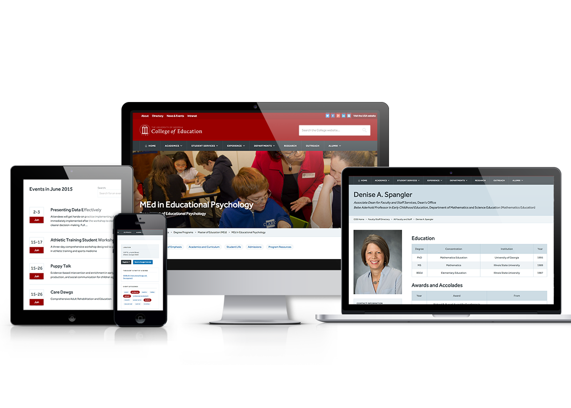 University of Georgia College of Education web design on iPad, laptop, and desktop screens