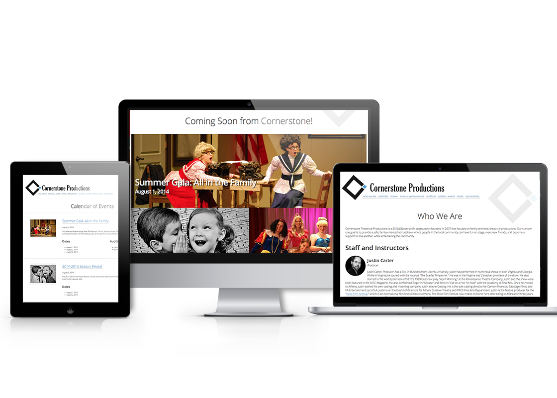 Cornerstone Productions web design on iPad, laptop, and desktop screens