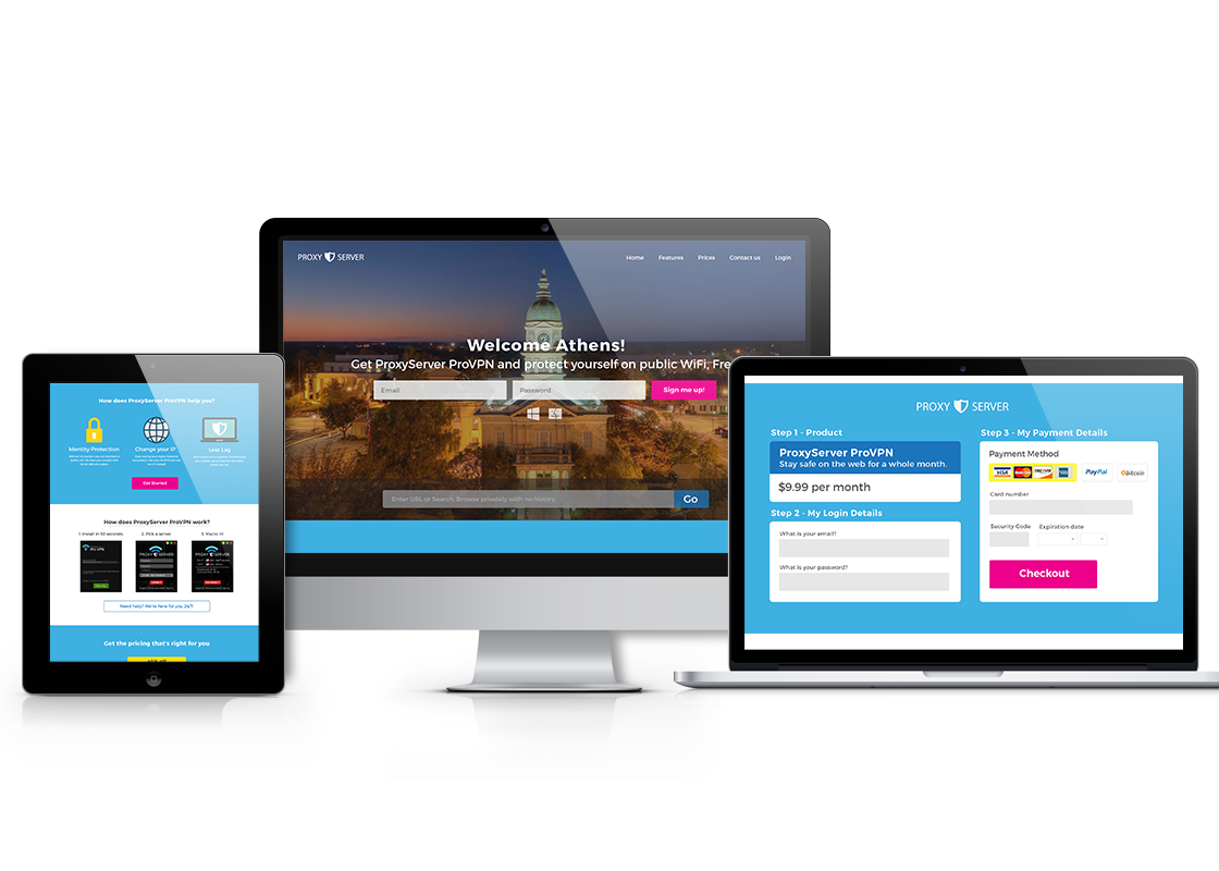 ProxyServer web design on iPad, laptop, and desktop screens